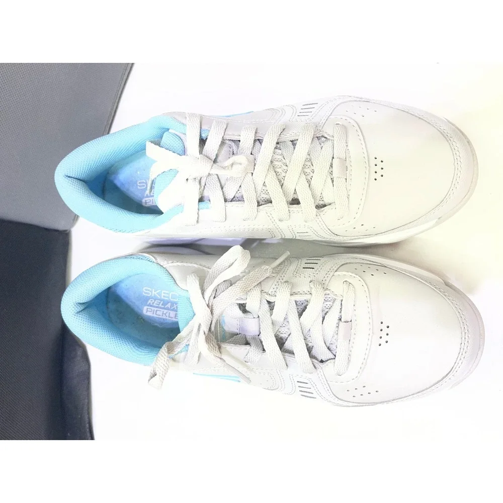Skechers Relaxed Fit Pickleball Shoes White Blue Court Sneakers Womens 8.5